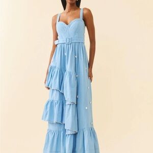 Light Blue Tiered Maxi Dress with Belted Waist